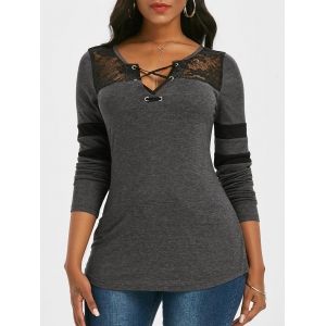 

Striped Lace Panel Criss Cross V Neck T Shirt, Gray