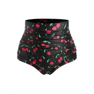 

Plus Size Cherry Print Ruched Full Coverage Bikini Bottom, Black