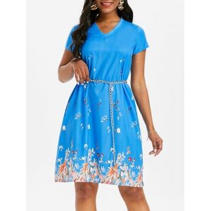 

V Neck Floral Trapeze Dress, Blue