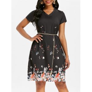 

V Neck Floral Trapeze Dress, Black