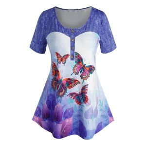 

Plus Size Butterfly Leaf Denim Print Placket Tunic Tee, Blue