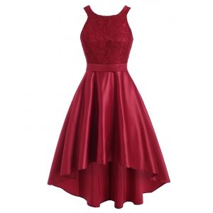 

Lace Insert Sleeveless Dip Hem Dress, Red
