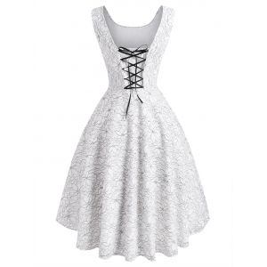 

Flower Butterfly Lace Overlay Lace-up Dip Hem Dress, White
