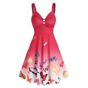 

Ombre Color Butterfly Print Ruched Dress, Light pink