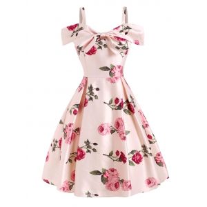 

Floral Print Open Shoulder Bowknot Dress, Light pink