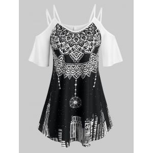 

Plus Size Bicolor Floral Building Printed T Shirt, Black