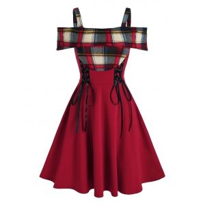 

Cold Shoulder Plaid Lace Up Dress, Deep red