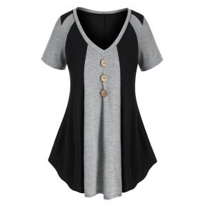 

Plus Size Two Tone Buttons T Shirt, Multi