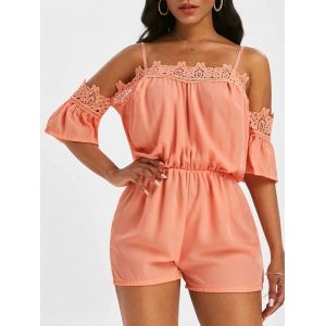 

Guipure Lace Panel Cold Shoulder Romper, Light orange