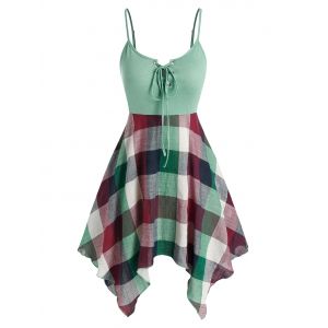 

Plus Size Lace Up Checked Print Slip Dress, Multi