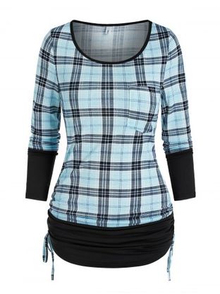 Ruched Plaid Cinched T Shirt