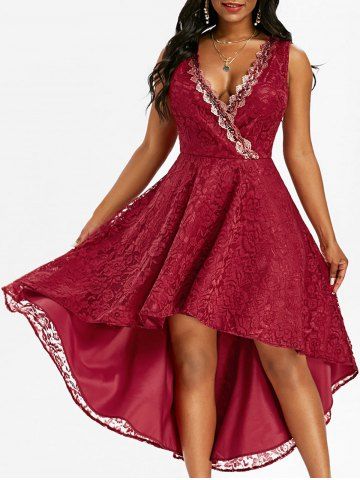 Robe Superposée Plongeante en Dentelle à Paillettes - RED - M