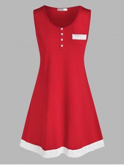 Lace Panel Mock Button Sleep Dress - RED - L