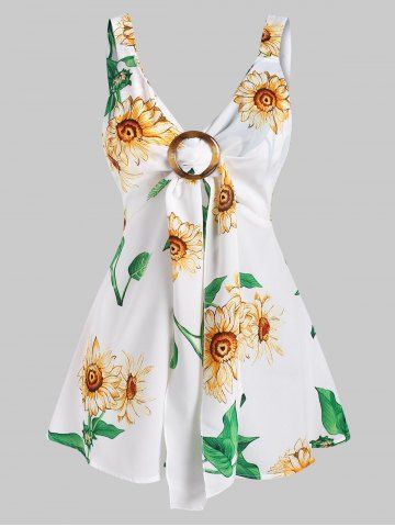 Sunflower Print Tied O Ring Tank Top