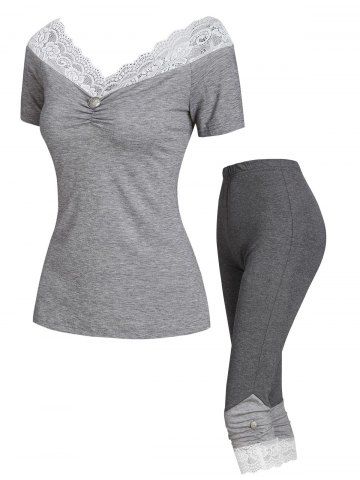 Mock Button Contrast Lace Insert Ruched Lounge Pants Set - GRAY - S