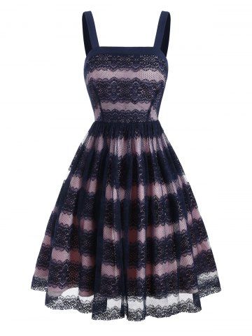 Lace Overlay Square Neck Sleeveless Dress - DEEP BLUE - S