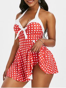 Halter Gingham Bowknot Backless Skirted One-piece Swimsuit - RED - S