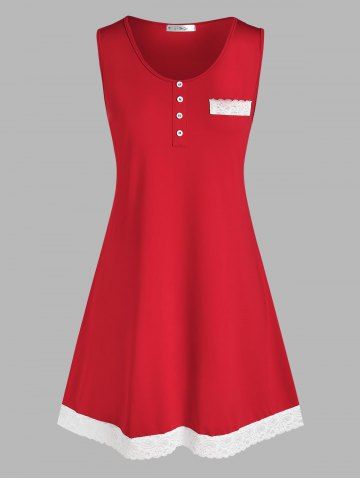 Lace Panel Mock Button Sleep Dress - RED - 3X