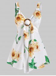 Sunflower Print Tied O Ring Tank Top -  