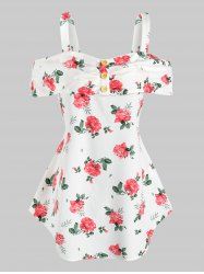 Cold Shoulder Floral Print Flounce T-shirt -  