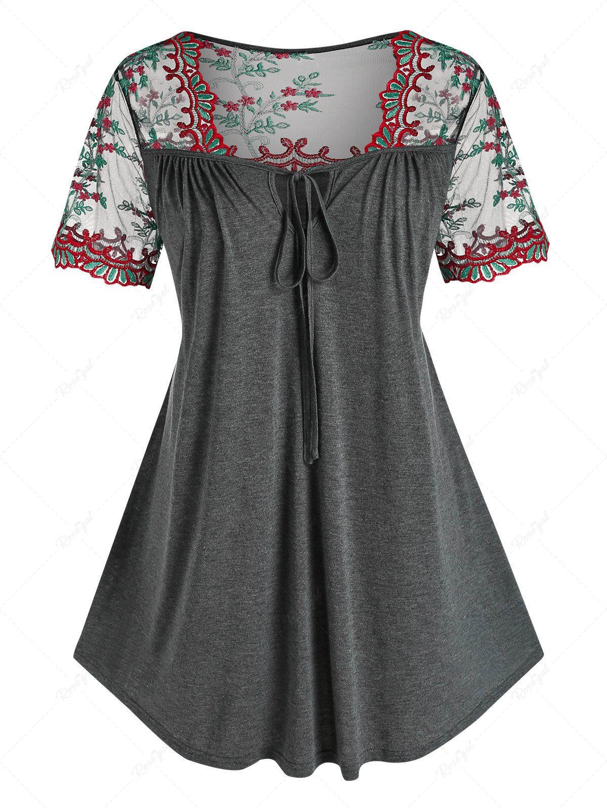 Latest Plus Size Front Tie Embroidered Tee  