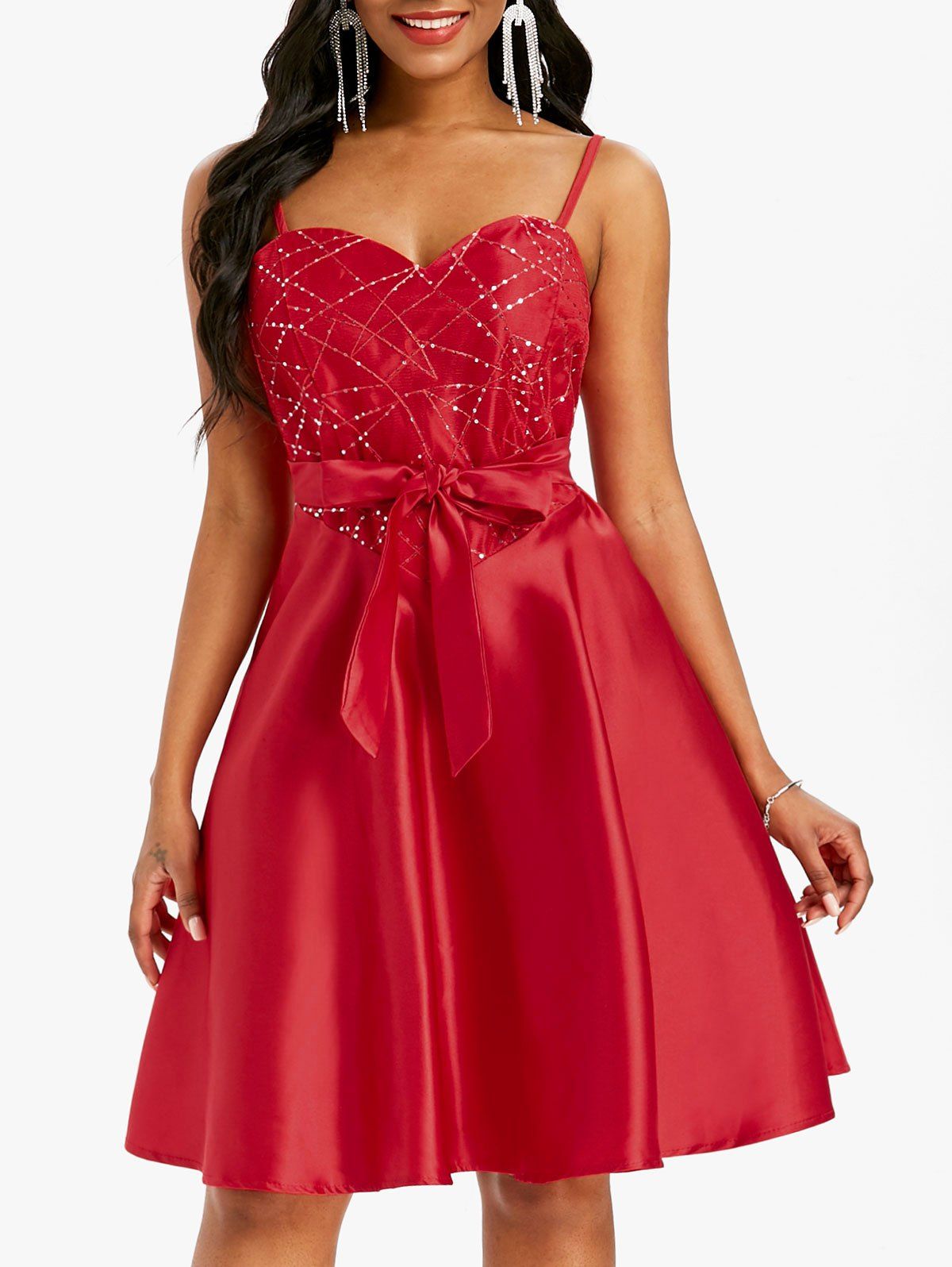 

Lace Insert Sequined Cami Belted Party Dress, Red