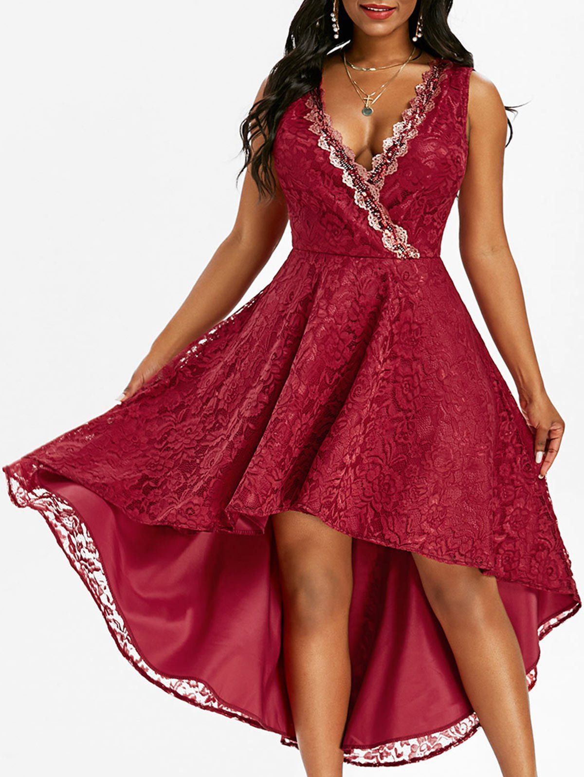 Online Lace Sequined Plunging Surplice Dress  