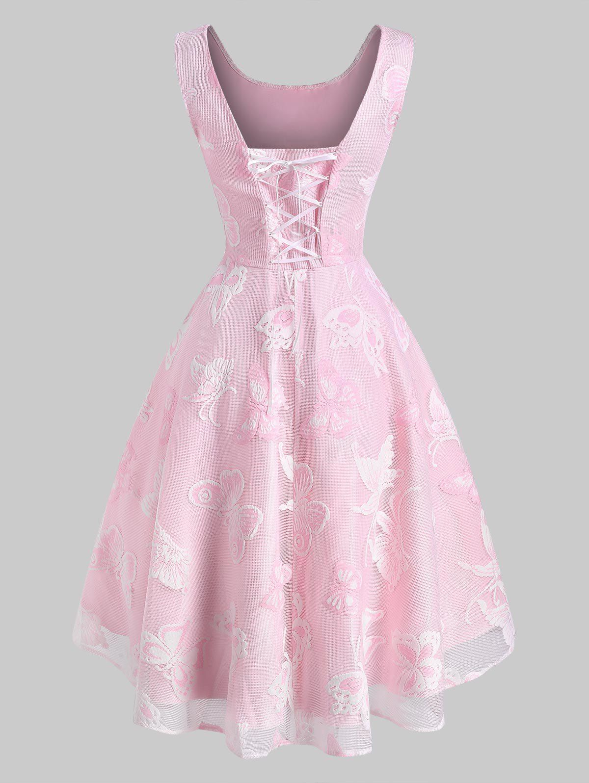 

Flower Butterfly Lace Overlay Lace-up Dip Hem Dress, Light pink