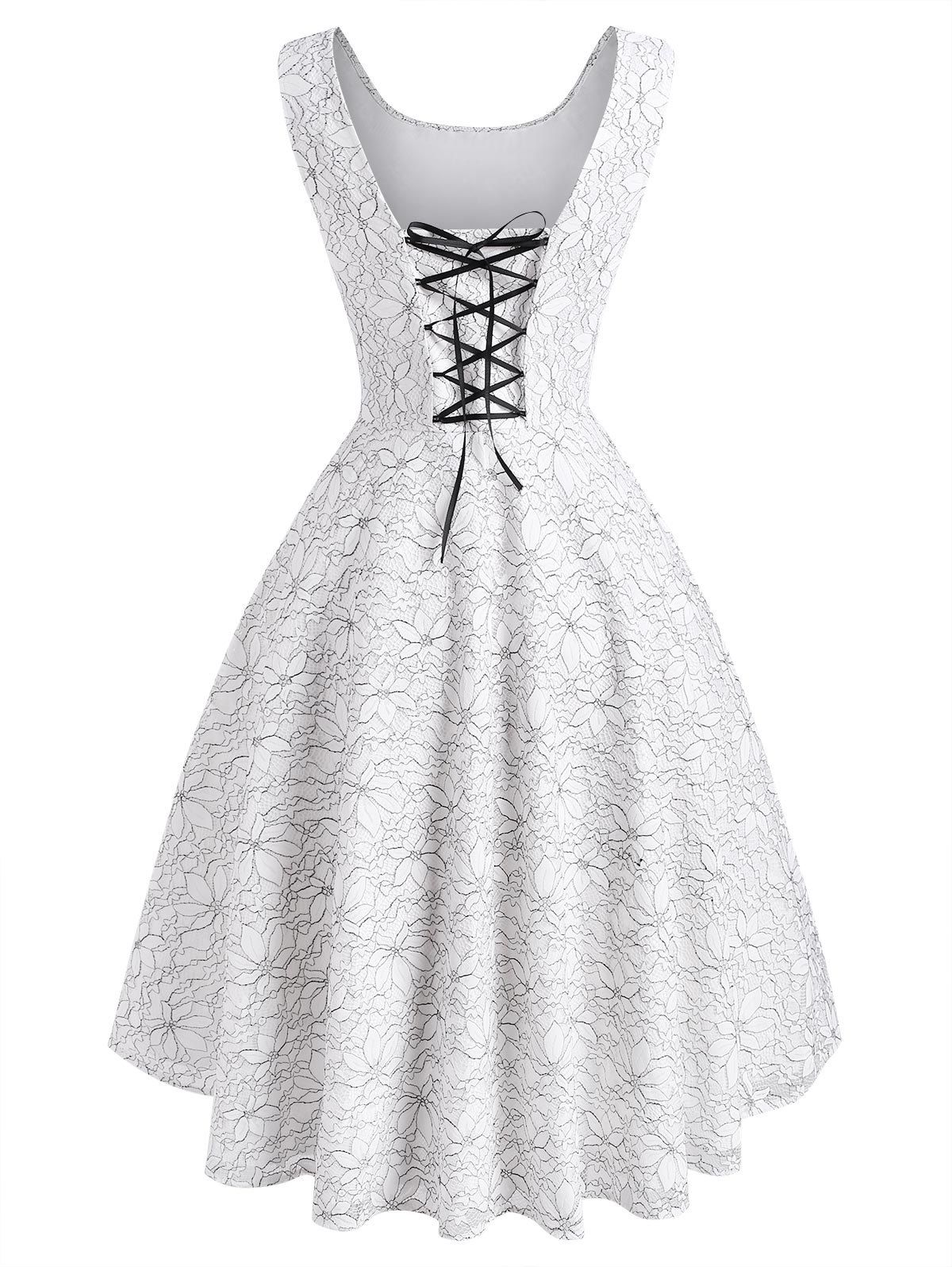 

Flower Butterfly Lace Overlay Lace-up Dip Hem Dress, White