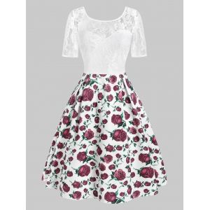 

Lace Panel Flower Print V Back Dress, White