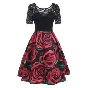 

Lace Panel Flower Print V Back Dress, Black