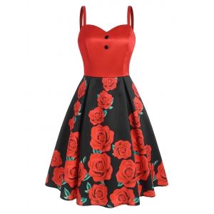 

Floral Print Mock Button Sweetheart Dress, Red