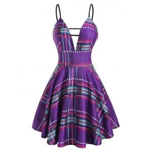 

Plaid Plunge Front Ladder Cut Mini Dress, Purple