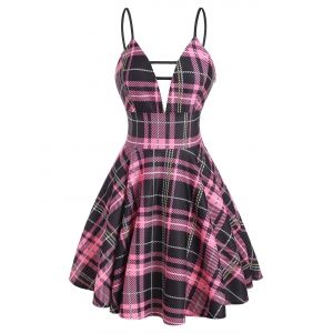 

Plaid Plunge Front Ladder Cut Mini Dress, Light pink