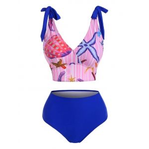 

Marine Striped Tie Shoulder High Rise Tankini Swimwear, Multi