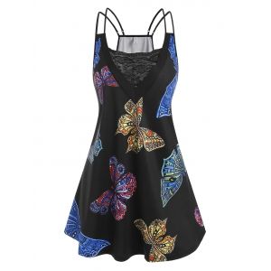 

Plus Size Dual Straps Butterfly Print Lace Panel Top, Black