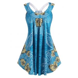 

Plus Size Floral Leaf Print Cutout Back Tunic Top, Light blue