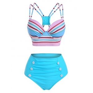 

Colorful Striped Strappy Mock Button Ruched Bikini Swimwear, Multi