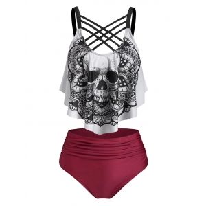 

Skull Flower Print Criss-cross Padded Tankini Set, Deep red