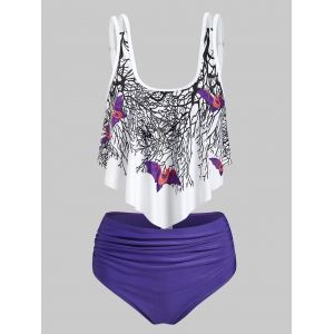 

Tree Bat Print Padded Ruched Tankini Set, Purple