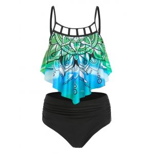 

Flower Print Ruched Cut Out Padded Tankini Set, Green