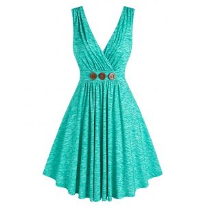 

Button Pleated Surplice Dress, Green