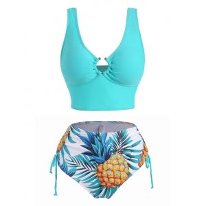 

Pineapple Print Ring Linked Cinched Tankini Swimwear, Light blue