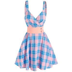 

Mock Button Plaid Print Sleeveless Flare Dress, Light blue