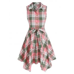 

Sleeveless Half Button Plaid Print Handkerchief Dress, Multi