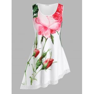 

Plus Size Floral Print Asymmetric Tank Top, White