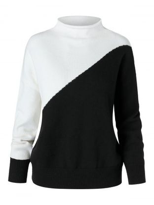 Plus Size Two Tone Bicolor Mock Neck Drop Shoulder Sweater