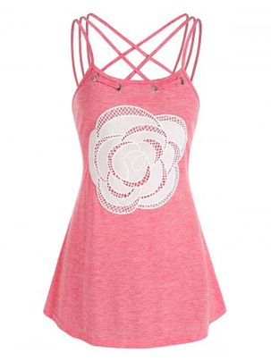 Flower Lace Panel Strappy Heathered Tank Top
