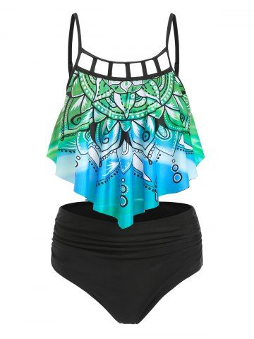 Flower Print Ruched Cut Out Padded Tankini Set - GREEN - XXXL