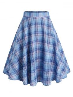 Plus Size Plaid A Line Skirt - BLUE - L